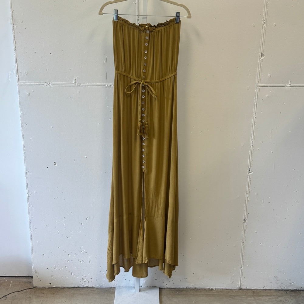 Elan‎ Mustard Yellow Strapless Button Front Maxi Dress Small RG5761 Boho Tassel